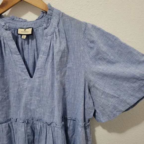 Tuckernuck Chambray Tiered Mini Dress With Flutter Sleeves Size XL - Picture 8 of 8
